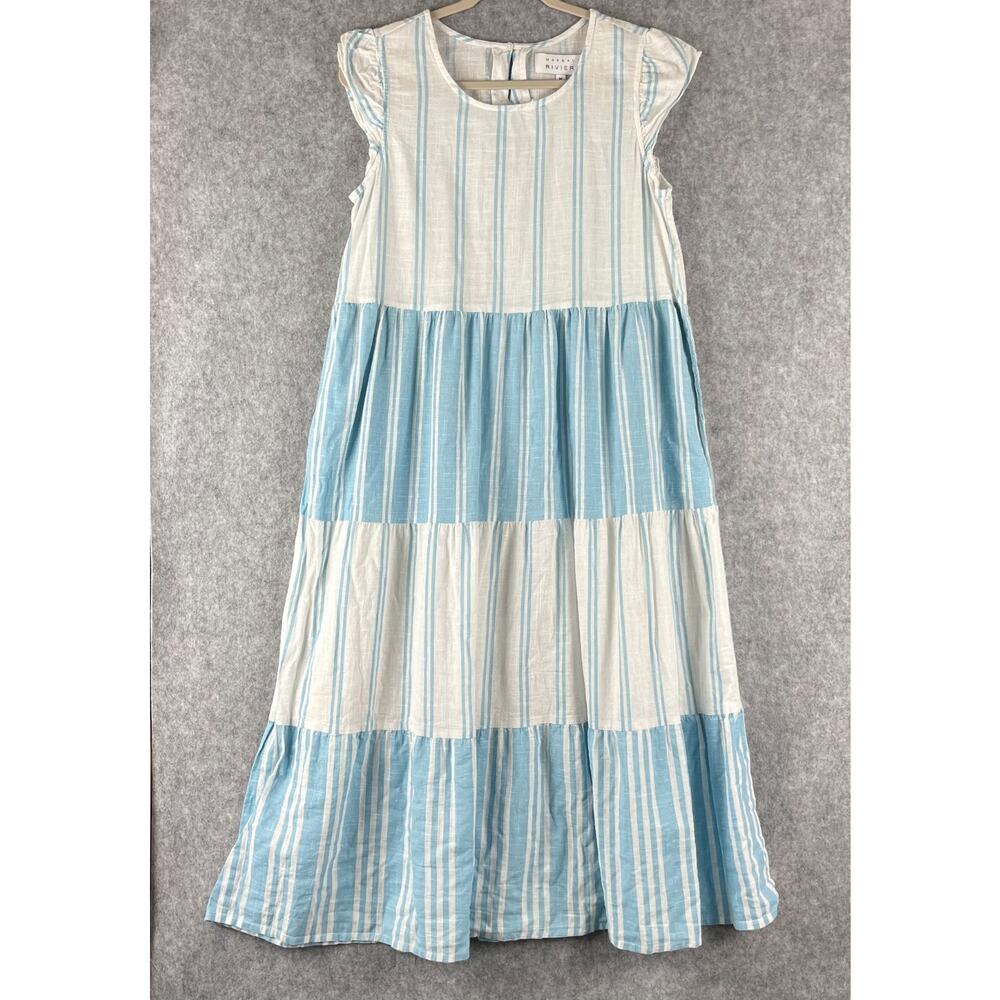 Light Blue & White Striped Midi Dress - Casual Tiered Sleeveless